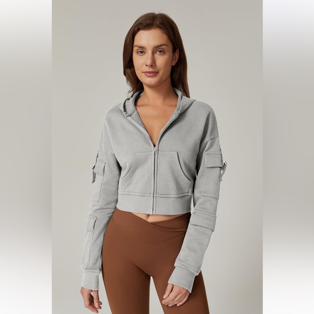 QINSEN Hoodies Full Zip Up Cropped Long Sleeves with Cargo Pockets (S)